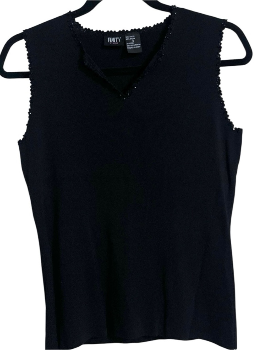 Y2K Finity Studio Slinky Ribbed Knit Beaded Sleeveless Tank Top Small Black